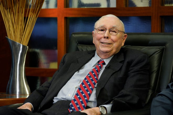 Berkshire Hathaway Vice Chairman Charlie Munger smiles during an interview in Omaha, Neb., Monday, May 7, 2018, with Liz Claman on Fox Business Network's "Countdown to the Closing Bell".
