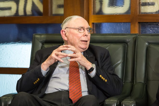 Berkshire Hathaway Vice Chairman Charlie Munger answers a question in Omaha, Neb., Monday, May 2, 2016, during an interview with Liz Claman on the Fox Business Network. The annual Berkshire Hathaway shareholders meeting took place over the weekend in Omaha with over 40,000 in attendance.